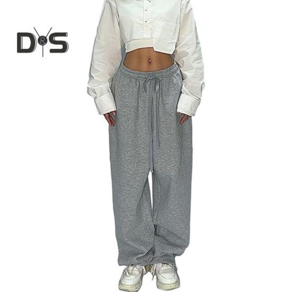 (dark gray, L) Women Sport Pants Loose Fit Solid Color Versatile Leisure Pants Elastic Waist Adjustable Drawstring Hip Hop Dance Trousers