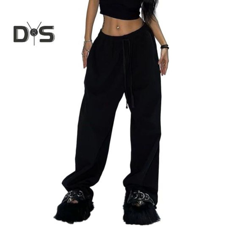 (black, S) Women Sport Pants Loose Fit Solid Color Versatile Leisure Pants Elastic Waist Adjustable Drawstring Hip Hop Dance Trousers