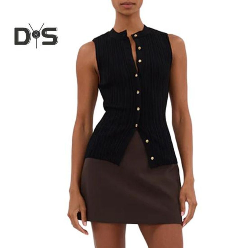 (L, black) Summer Vest V-neck Sleeveless Single-breasted Design Tank Tops With Wrinkled Decoration Regular Fit Tops