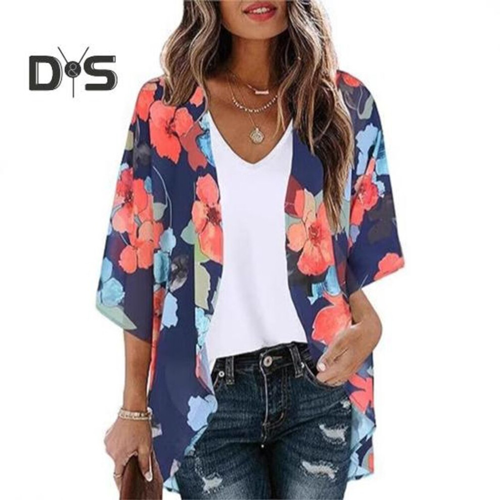 (L, navy blue) Women Beach Shirt 3/4 Sleeve Mid-length Sunscreen Tops Floral Print Breathable Loose Fit Beach Shawl Outerwear