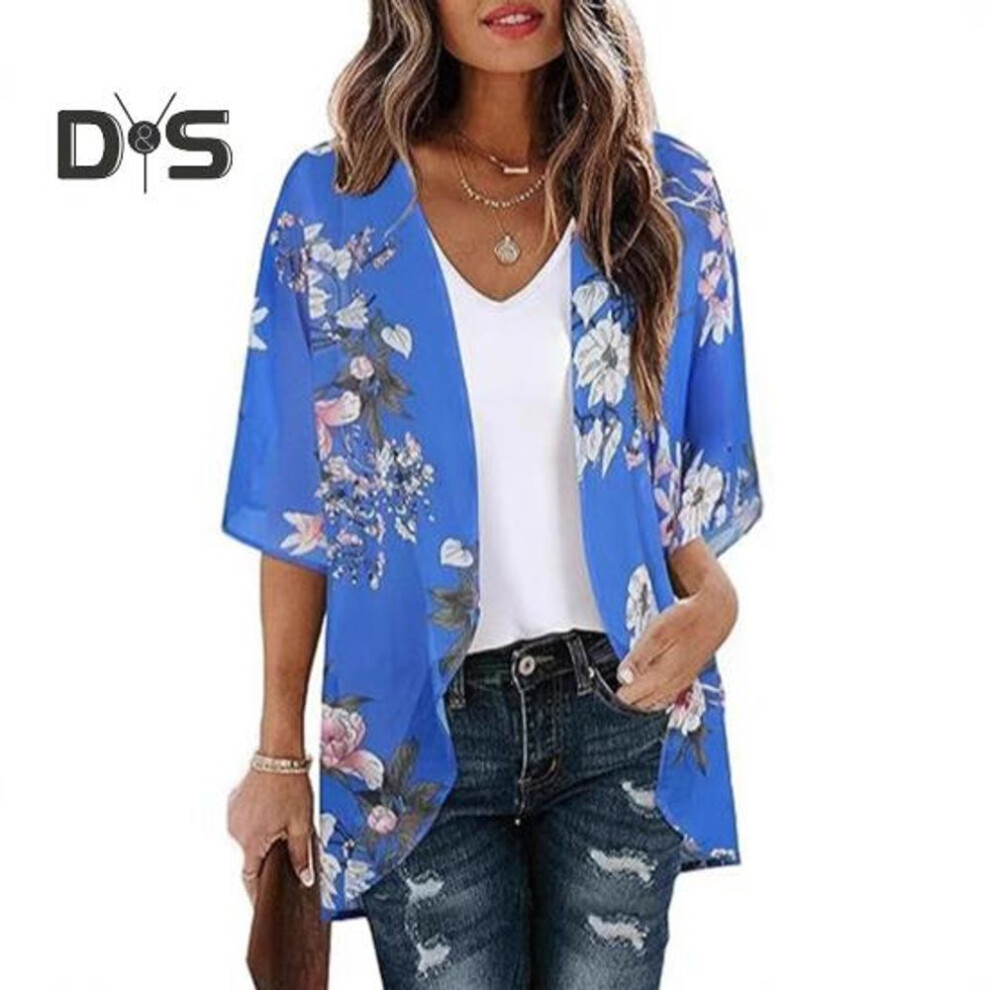 (S, royal blue) Women Beach Shirt 3/4 Sleeve Mid-length Sunscreen Tops Floral Print Breathable Loose Fit Beach Shawl Outerwear