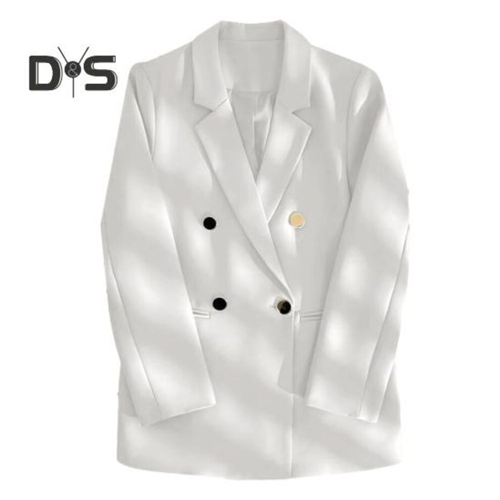 (white, XL) Women Suit Coat Lapel Long Sleeve Double-breasted Casual Cardigan Jacket Versatile Solid Color Business Outerwear