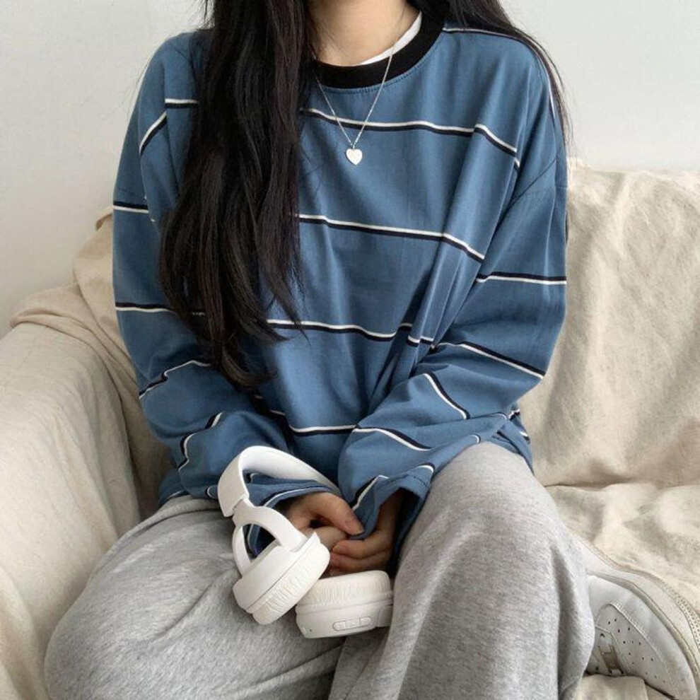 (S, blue) T-shirts Women Students Striped Chic Streetwear Harajuku All-match Prevalent Long Sleeve Teens Top Tees