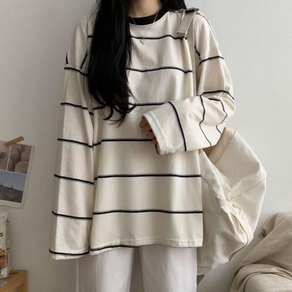 (XXL, beige) T-shirts Women Students Striped Chic Streetwear Harajuku All-match Prevalent Long Sleeve Teens Top Tees