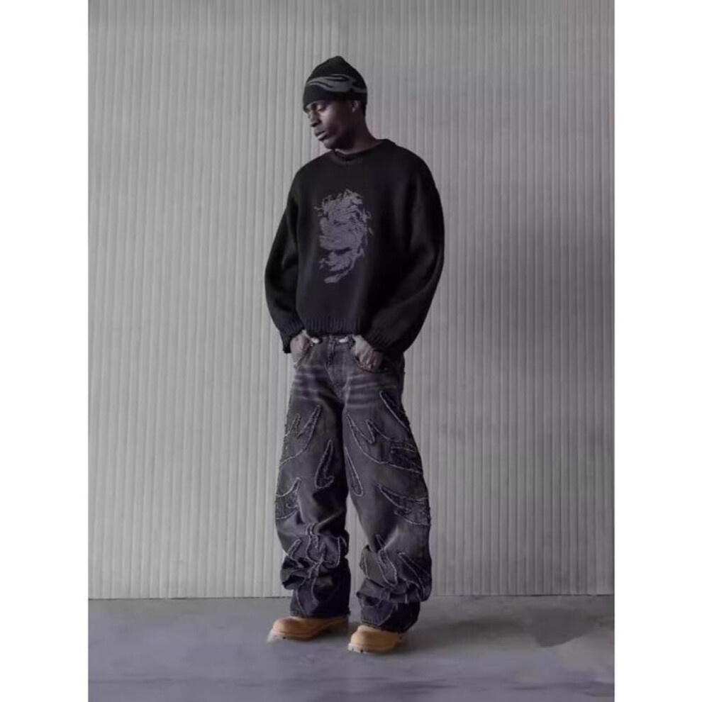 (black, XS) Streetwear Retro Hip Op Flame Embroidery Loose High Waisted Men Jeans Female Y2K Harajuku Gothic Wide Leg Pants