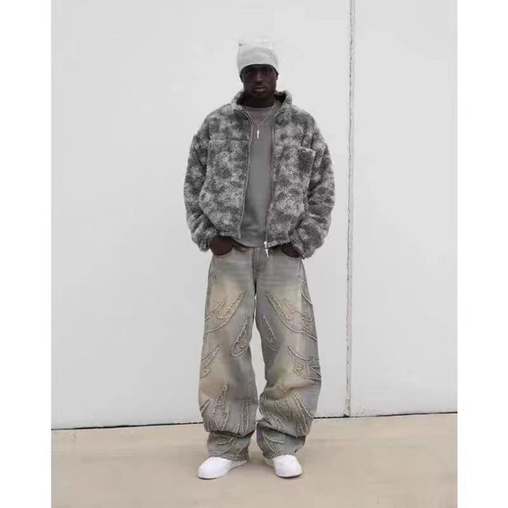 (blue, S) Streetwear Retro Hip Op Flame Embroidery Loose High Waisted Men Jeans Female Y2K Harajuku Gothic Wide Leg Pants
