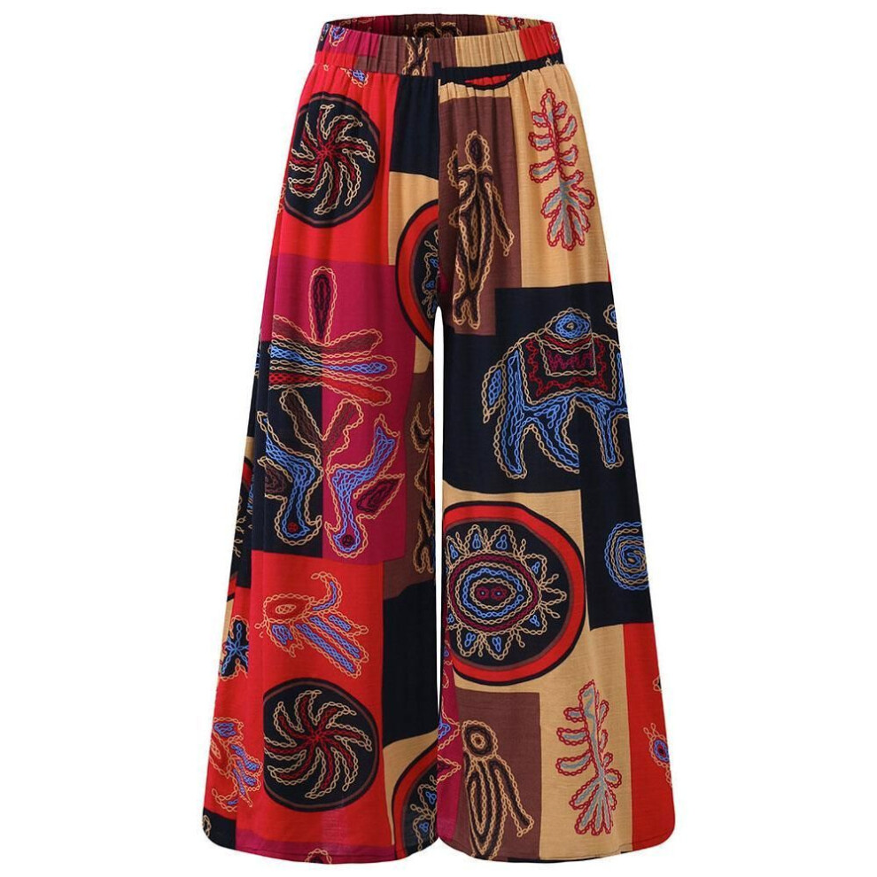 (red, L) Ethnic Style Wide Leg Trousers Women Yoga Harem Pants Gypsy Hippie Boho Court Pants Ruched Waist Aladdin Women's Pants