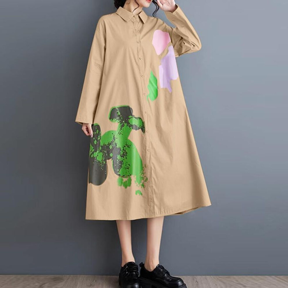 (khaki, L) Zanzea Women Fashion Shirt Collar Long Sleeve Printed Dresses