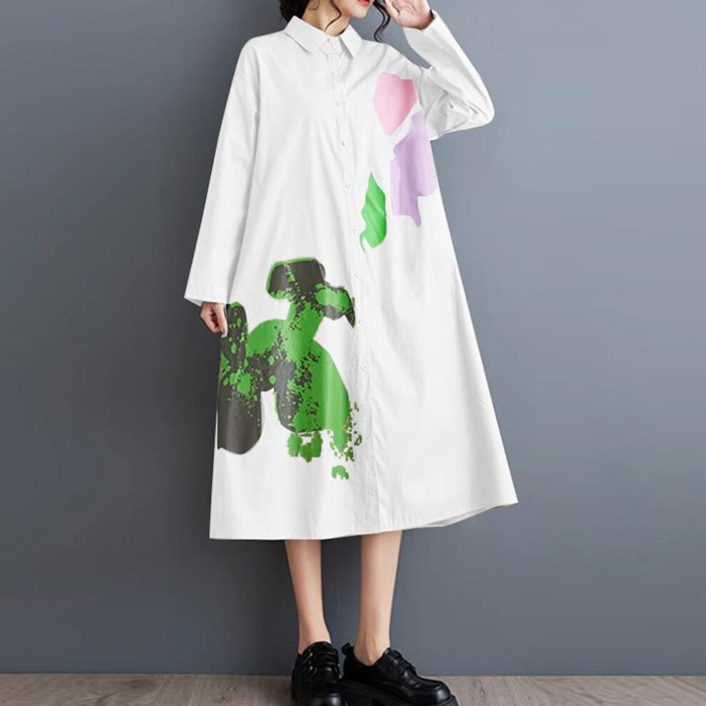 (white, 3XL) ZANZEA Women Fashion Shirt Collar Long Sleeve Printed Dresses