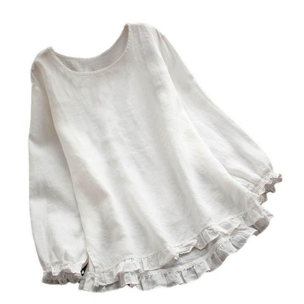 (S, white) 2024 Women's Cotton Linen Ruffle Cuff Long Sleeve Round Neck Shirt