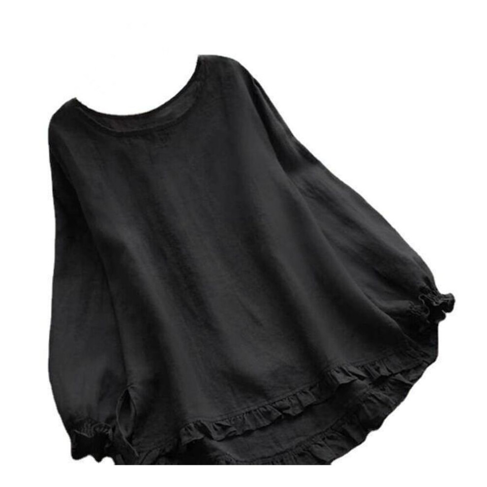 (M, black) 2024 Women's Cotton Linen Ruffle Cuff Long Sleeve Round Neck Shirt