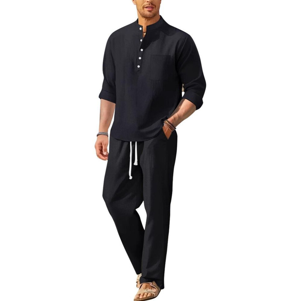(black, XXXL) Spring And Summer Men's Cotton Linen Long Sleeved Pants Men's Casual Loose Suit