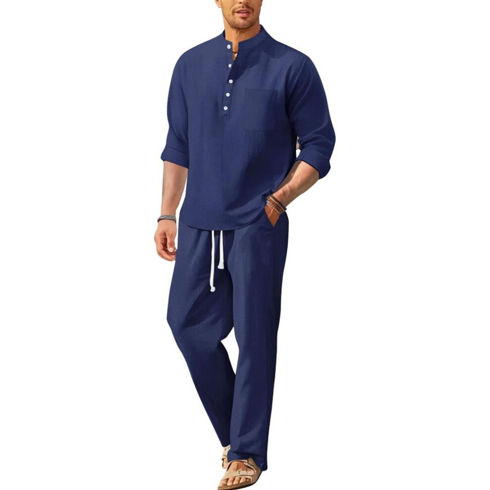 (dark blue, L) Spring And Summer Men's Cotton Linen Long Sleeved Pants Men's Casual Loose Suit