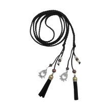 (As show, One size) Exotic women's girls belt belly chain with tassel and wooden beads 170cm long braided waist belt