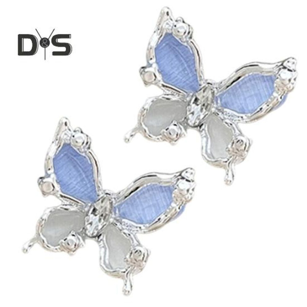 (blue) 1 Pair Women Stud Earrings Double-layered 3D Butterfly Faux Opal Polished Anti-slip Ear Studs Prom Dating Party Ear Jewelry