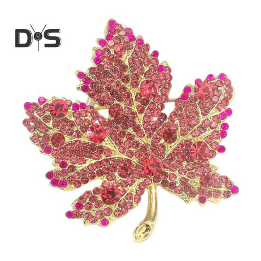 (pink) Women Brooch Rhinestone Maple Shape Collar Pin Anti-oxidation Anti-rust Party Evening Wear Clothes Pin Bag Scarf Sweater Brooch