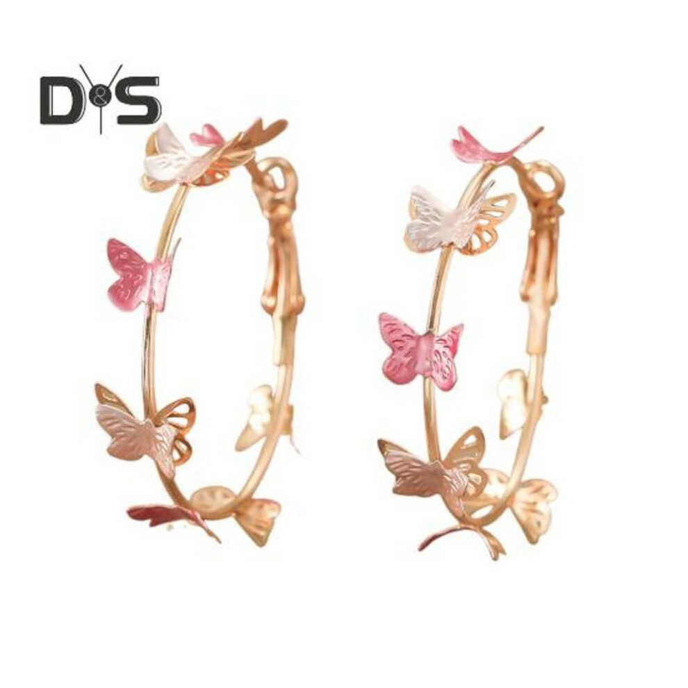 (rose red) 1 Pair Women Hoop Earrings Double-layered Butterfly Hollow Out Clipping-on Circle Earrings Prom Party Ear Jewelry
