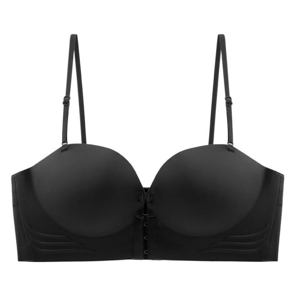 (black, S) Gathered and Enlarged Thickened Bra Front Buckle Seamless Strapless Bra for Small Breast Chest Without Steel Ring Comfortable Bra