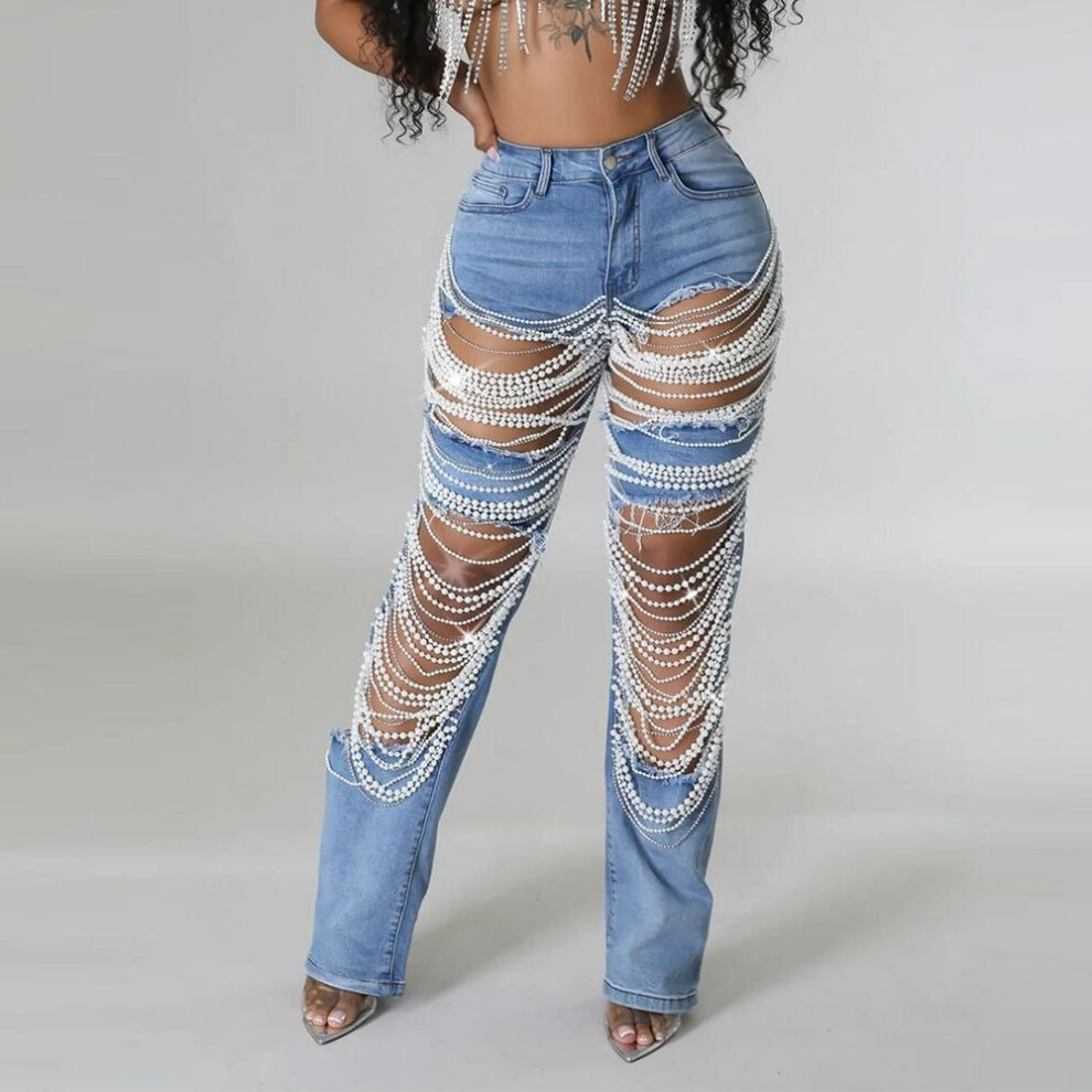 (blue, M) Broken Hole Heavy Industry Nail Bead Elastic Jeans Pants For Women