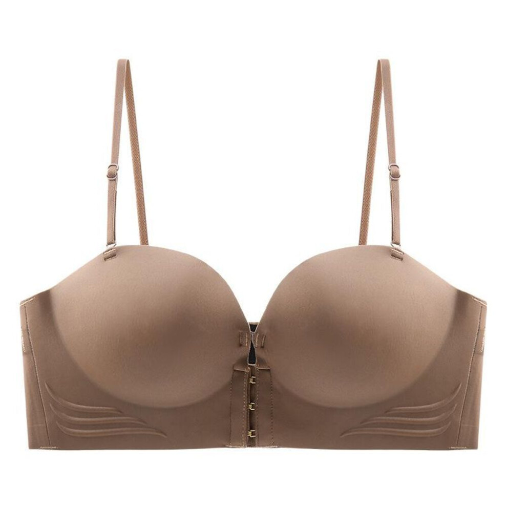 (brown, S) Gathered and Enlarged Thickened Bra Front Buckle Seamless Strapless Bra for Small Breast Chest Without Steel Ring Comfortable Bra