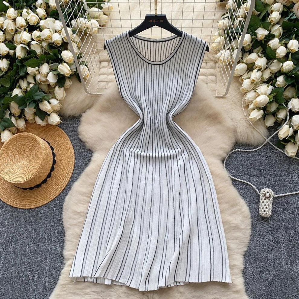 (white, One Size) Hotsweet O-neck Striped Casual Sleeveless Chic Knit Slim A-line Vestidos Dresses French Office Lady High Street Women Clothing