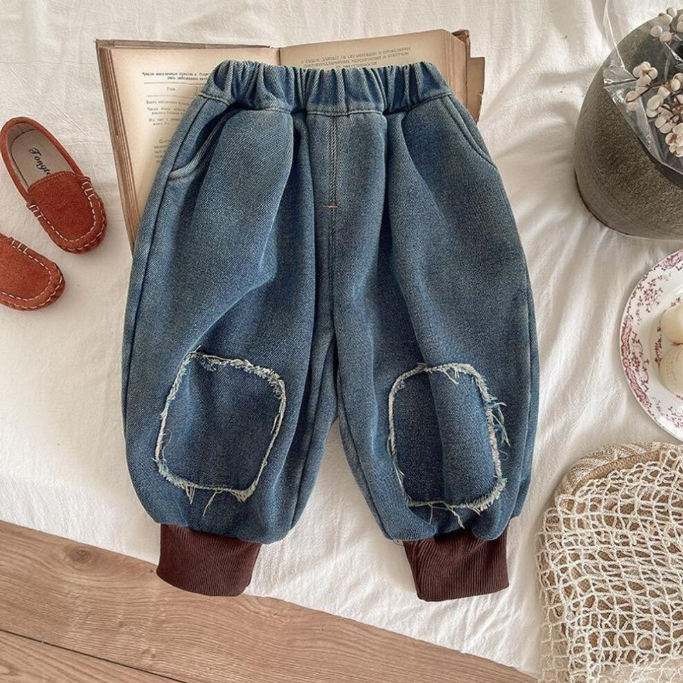 (blue, 120) Baby Boys Thicken Jeans Kids Fashion Patchwork Denim Jogger Pants Children's Casual Warm Trousers Clothing Winter