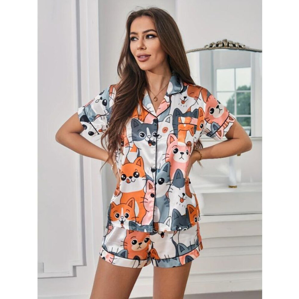 (L, as the picture) Cute Cat & Puppy Print Satin Pajama Set Short Sleeve Buttons Lapel Top & Elastic Shorts Women's Sleepwear