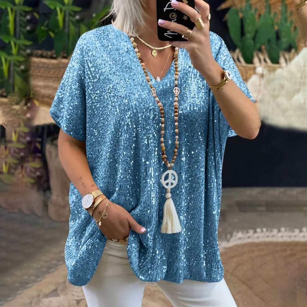 (XXXL, sky blue) Sequin Tank Tops For Women Sleeveless Shiny Party Shirts Sequin T Shirt