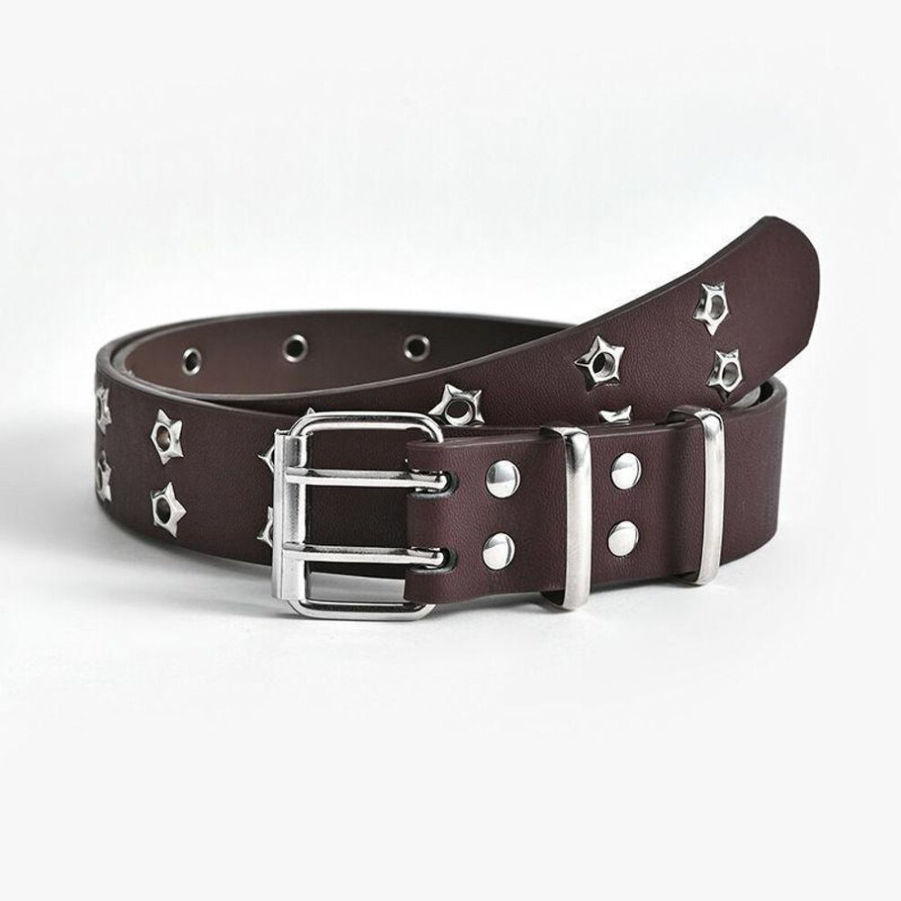 (coffee, 110cm) Women Belt High Quality Fashion Punk Belts Casual Luxury Designer Jeans Double Row Belt With Star Eyelet Pin Buckle Strap
