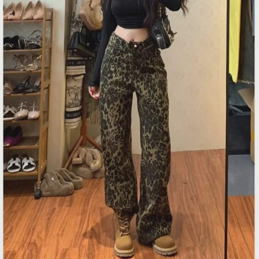(leopard print, XL) Customized 2024 Leopard Print High Waist Wide-Leg Jeans for Women - European & American Style, Fashionable and Versatile.