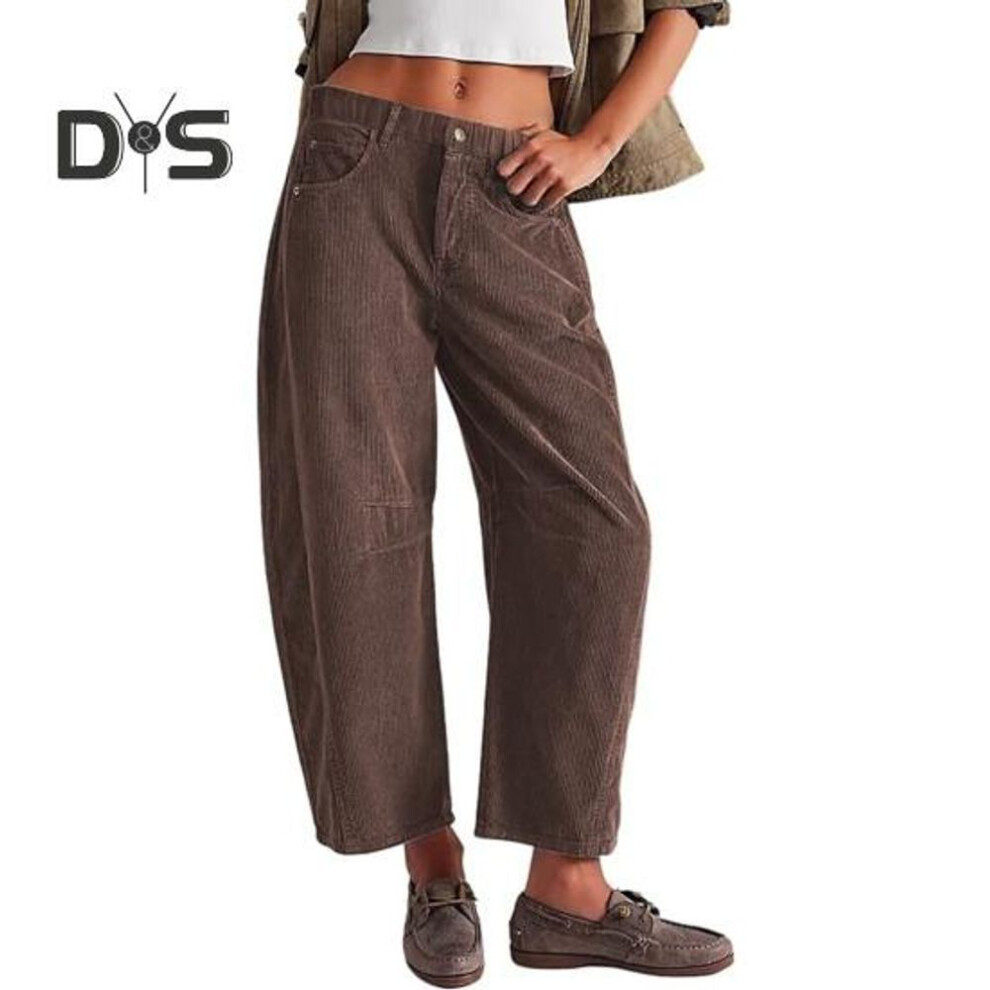 (brown, M) Women Corduroy Pants Elastic Waist Mid-rise Button Zipper Fly Wide Leg Casual Trousers With Pockets Solid Color Slacks