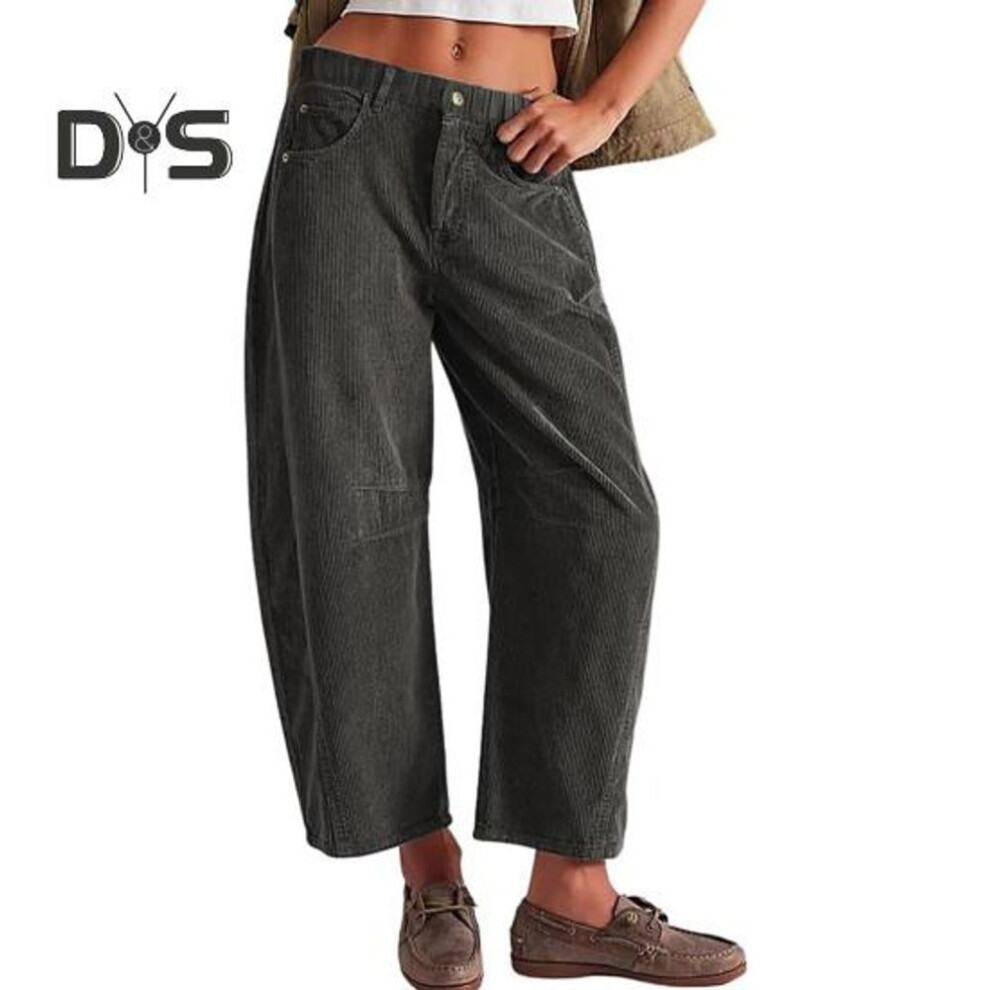 (dark gray, S) Women Corduroy Pants Elastic Waist Mid-rise Button Zipper Fly Wide Leg Casual Trousers With Pockets Solid Color Slacks