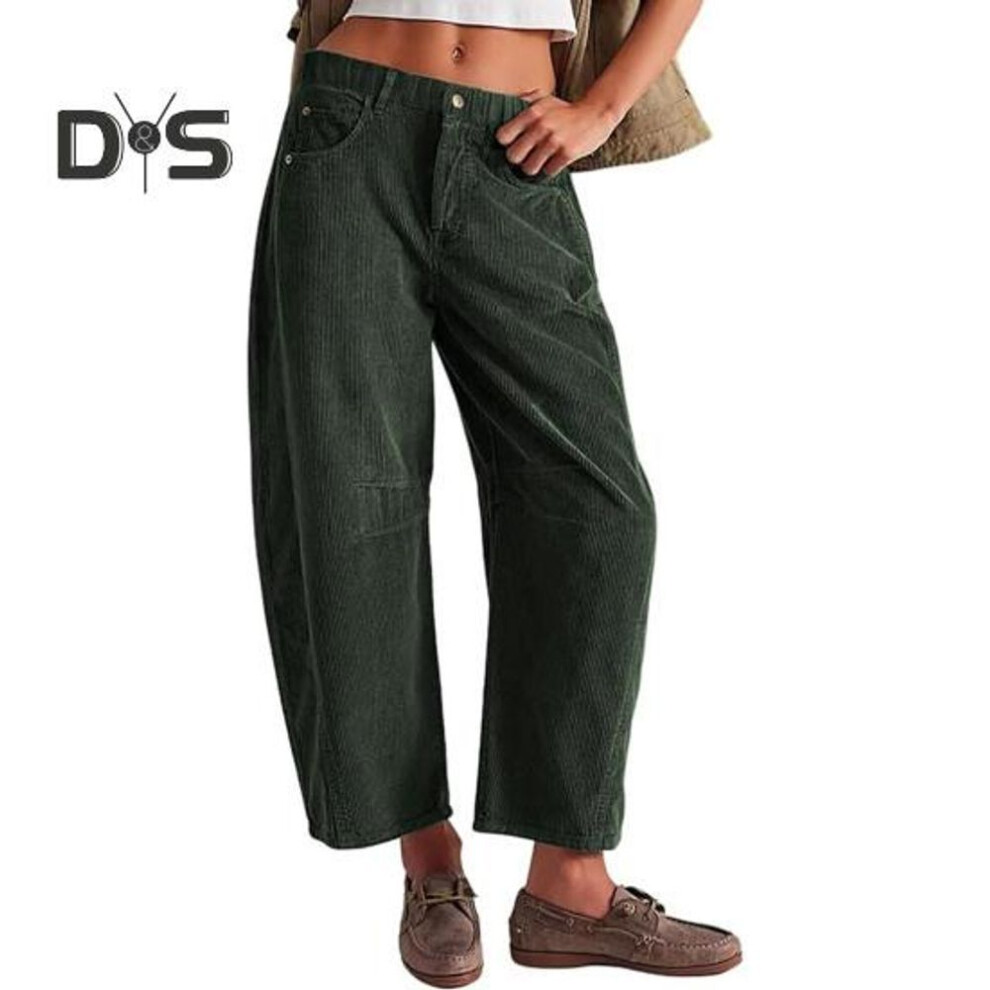 (dark green, M) Women Corduroy Pants Elastic Waist Mid-rise Button Zipper Fly Wide Leg Casual Trousers With Pockets Solid Color Slacks