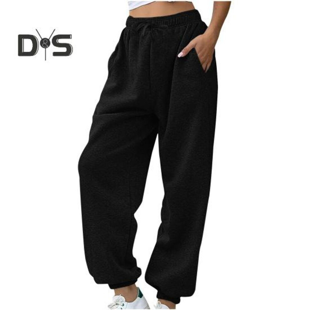 (black, L) Women Sweatpants Elastic High Waist Adjustable Drawstring Harem Pants with Pockets Solid Color Loose Lounge Pants
