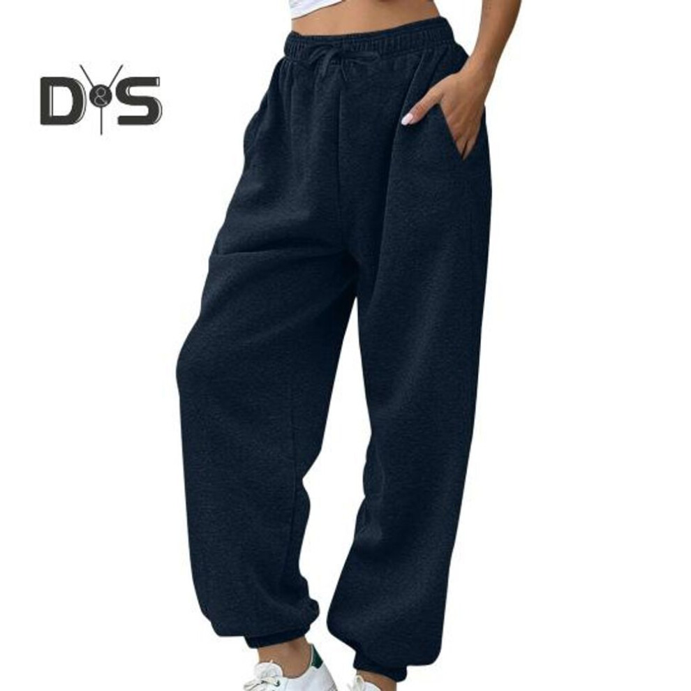 (navy blue, L) Women Sweatpants Elastic High Waist Adjustable Drawstring Harem Pants With Pockets Solid Color Loose Lounge Pants