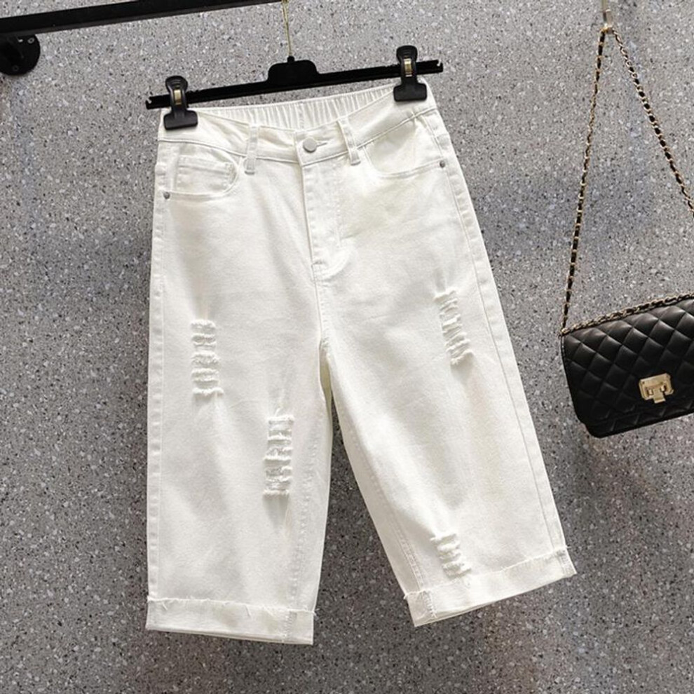 (white, M) Women's Summer Thin Simple Five Points Jeans Solid Color High Waist Design Daily Casual Pants