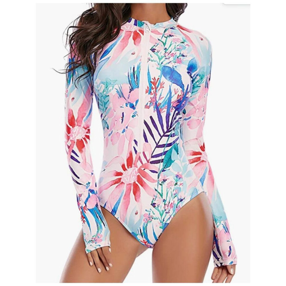 (XS, multicolor) Fashion Women's Long Sleeve Printed One Piece Surf Swimsuit Bikini Summer Beachwear