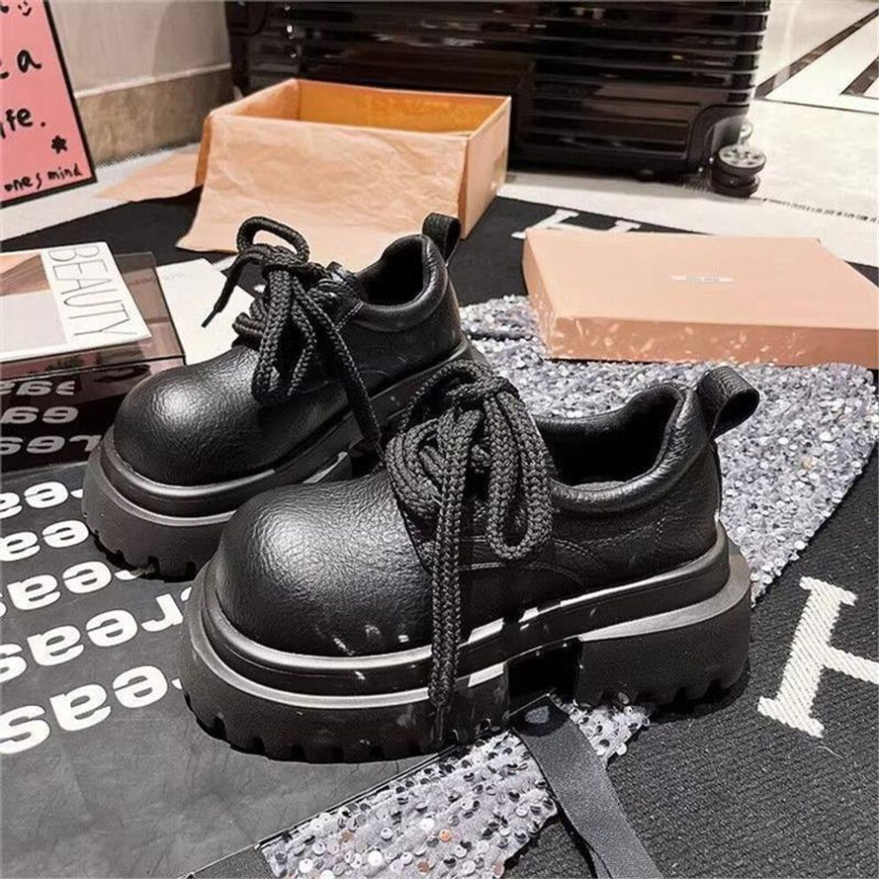 (black, 35) British style retro soft leather lace-up ugly cute big head JK small leather shoes loafers platform single shoes college style women shoes
