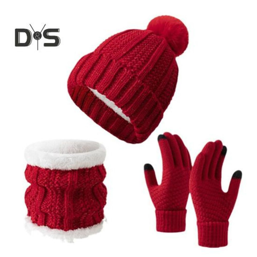 (red) Winter Hat Scarf Gloves Set Fleece Lined Hat Warm Neck Wrap Thick Knitted Touchscreen Gloves for Men Women Cycling Hiking Travel
