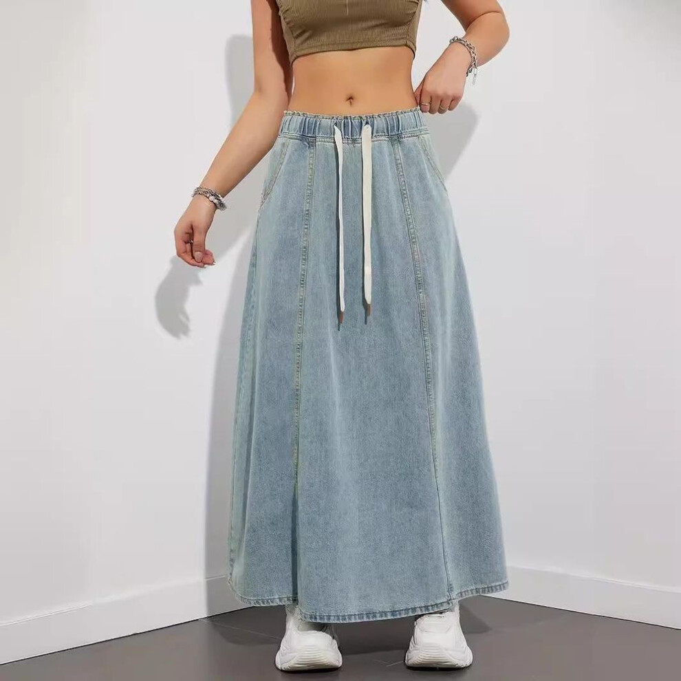 (XXL, light blue) Elastic Waist Denim Swing Skirt: Women's Casual Long Skirt with American Design