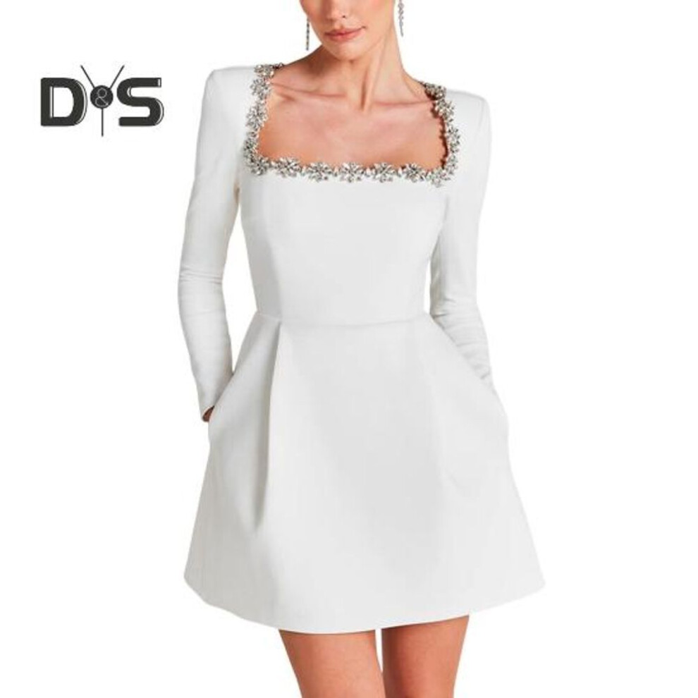 (white, XL) Women Mini Dress Square Collar Long Sleeve Beaded Flower Decor Short Dress High Waist Above Knee Length Dress