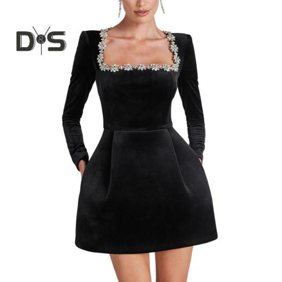 (black, XL) Women Mini Dress Square Collar Long Sleeve Beaded Flower Decor Short Dress High Waist Above Knee Length Dress
