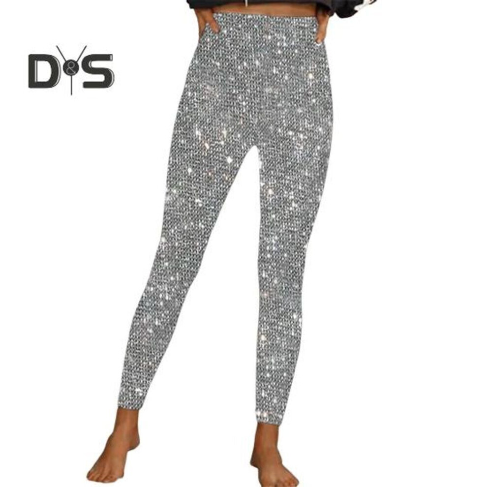 (silver, M) Women Pencil Trousers High Waist Glitter Long Pants Elastic Fabric Shimmery Pants Sequin Leggings Daily Wear