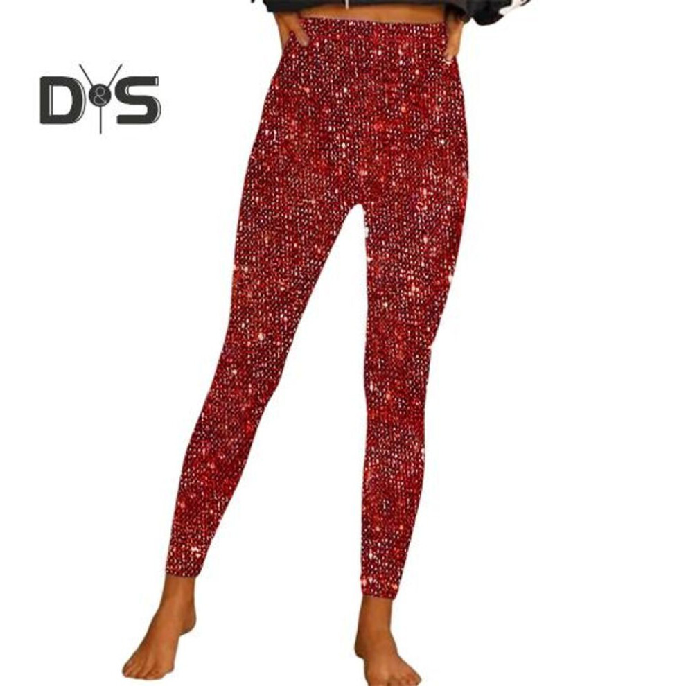(red, M) Women Pencil Trousers High Waist Glitter Long Pants Elastic Fabric Shimmery Pants Sequin Leggings Daily Wear