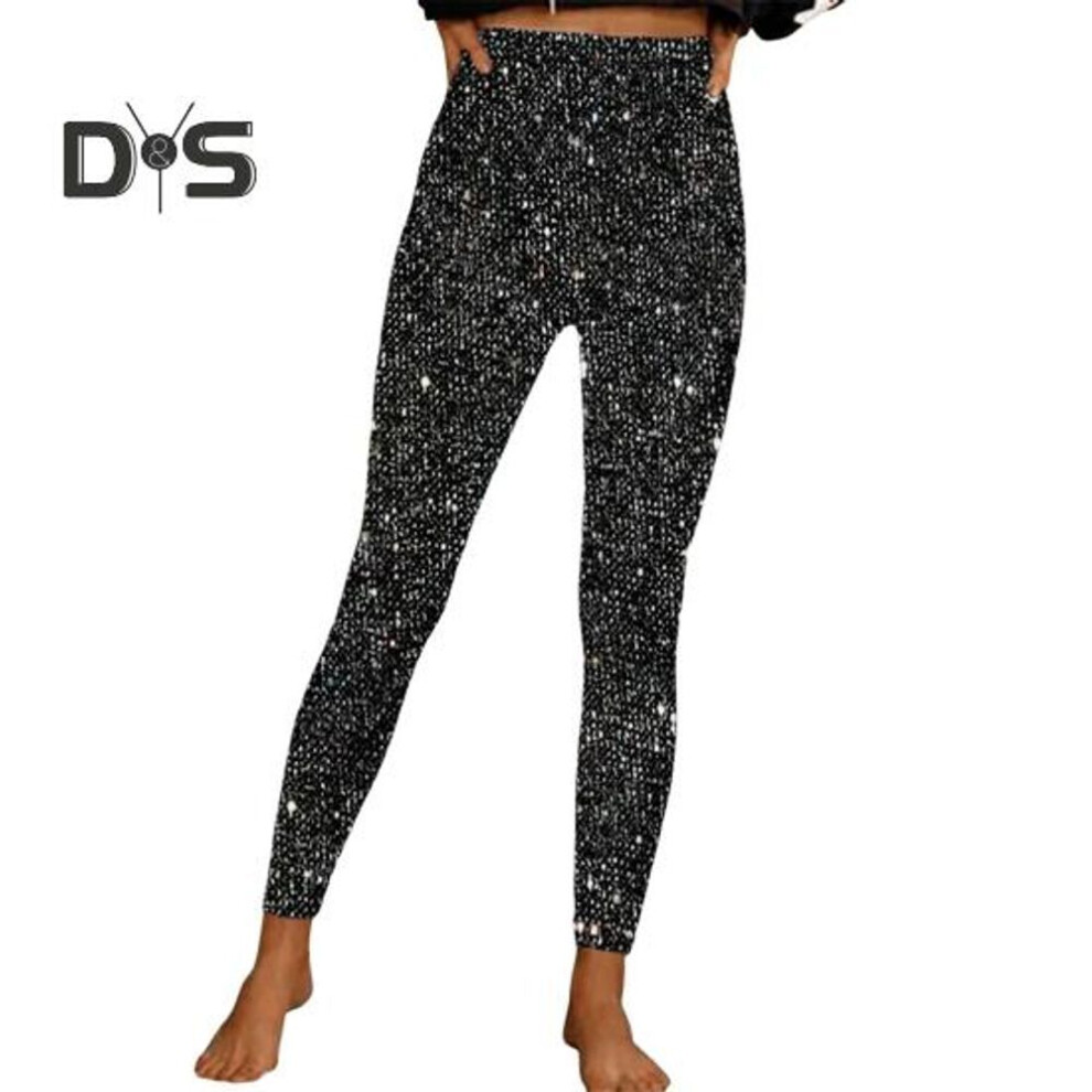 (black, M) Women Pencil Trousers High Waist Glitter Long Pants Elastic Fabric Shimmery Pants Sequin Leggings Daily Wear