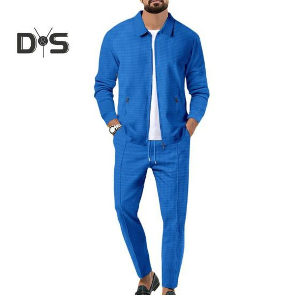 (royal blue, M) 2Pcs/Set Men Outfit Lapel Long Sleeve Zipper Placket Coat Elastic Waist Adjustable Drawstring Long Pants Set