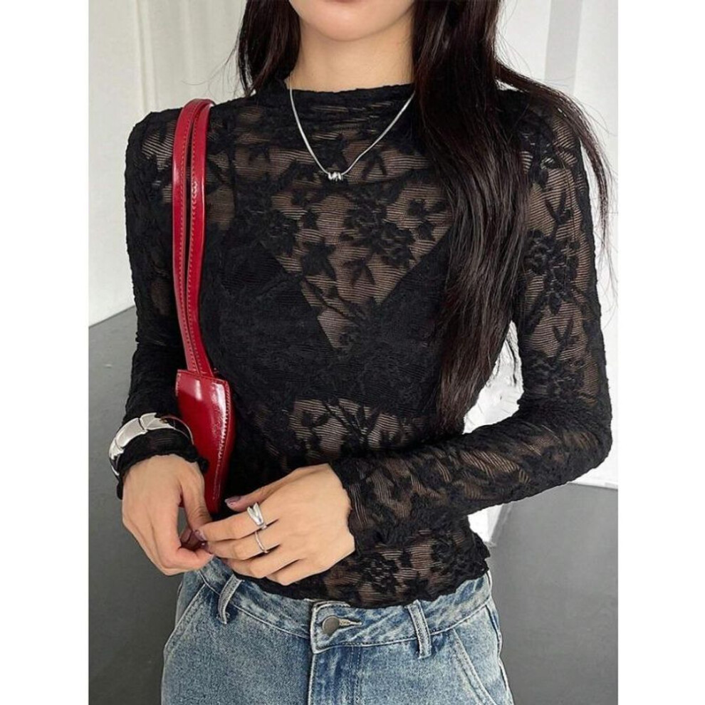 (S, black) Women's Small Standing Neck Sheer Lace Tight Long Sleeve T-Shirt