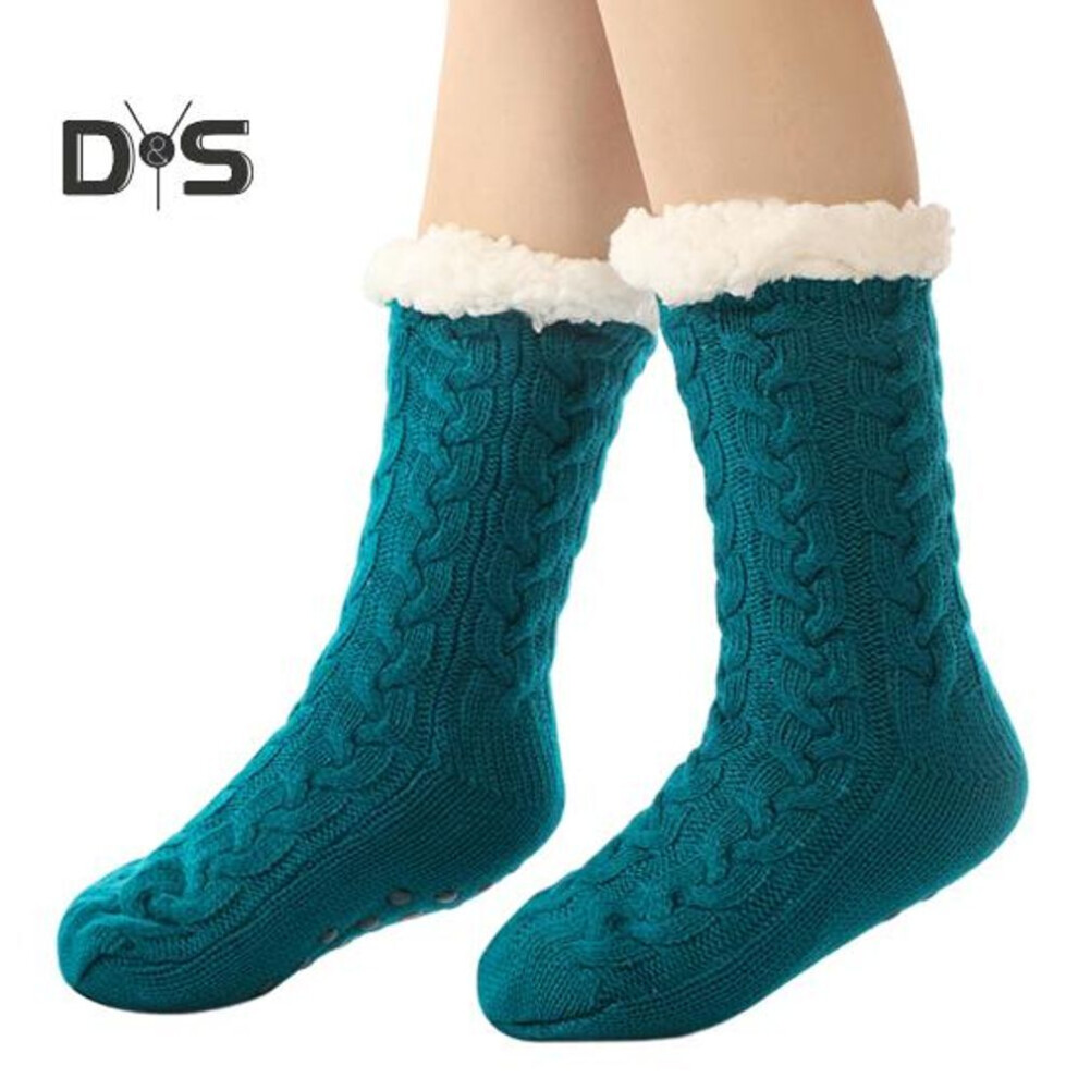 (lake blue) 1 Pair Cashmere Socks Slipper Socks with Non-Slip Dots Winter Thick Home Sleep Socks for Women And Elderly