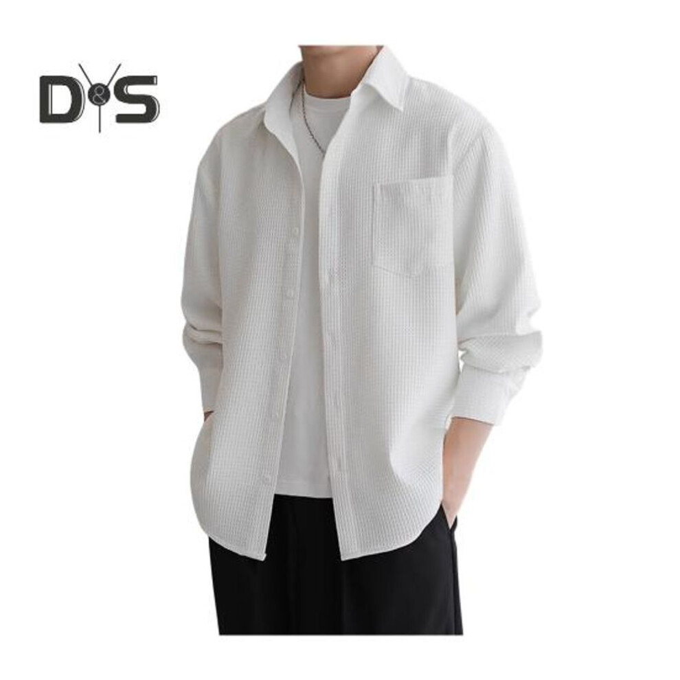 (2XL, white) Men's Waffle Button Down Shirt Long Sleeve Casual Loose Fit Tee with Chest Pocket Male Autumn Business Dress Shirt