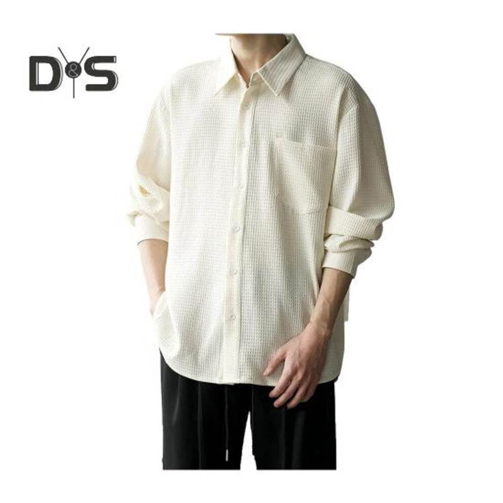 (3XL, apricot) Men's Waffle Button Down Shirt Long Sleeve Casual Loose Fit Tee with Chest Pocket Male Autumn Business Dress Shirt